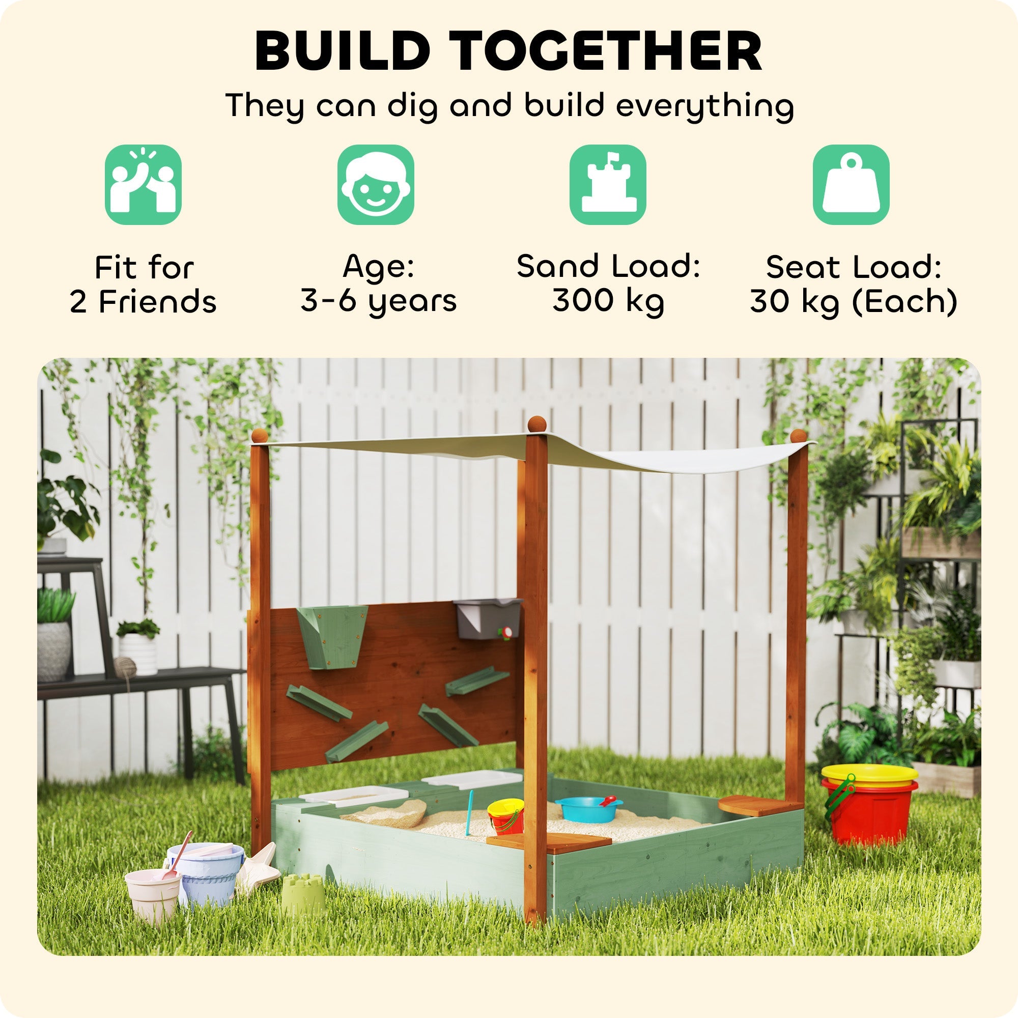 AIYAPLAY Wood Sandpit with Canopy, Storage Bins, Funnel, Liner, Chutes, Bucket with Tap, 116 x 112.5 x 128 cm, Green 
