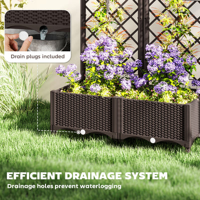 Outsunny Raised Garden Bed with Trellis, Plastic Planter Box with Drainage Holes and Drain Plugs for Climbing Plants, Vegetables, Flowers, Brown 