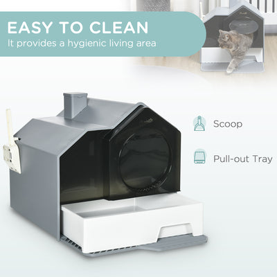 PawHut Hooded Cat Litter Tray with Scoop, Cat Litter Box with Drawer Pan, Handle, Deodorants, Hut Design, Front Entrance, 47 x 45 x 42cm - Grey 