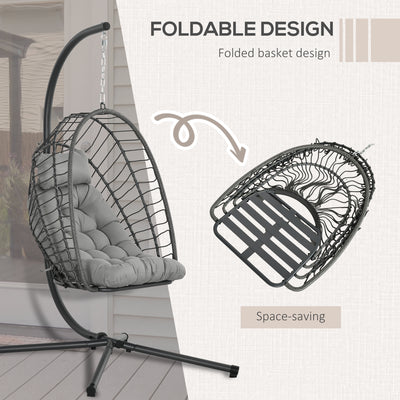 Outsunny Outdoor PE Rattan Swing Chair with Cushion, Garden Foldable Basket Patio Hanging Egg Chair with Metal Stand, Headrest, for Indoor and Outdoor, Light Grey 