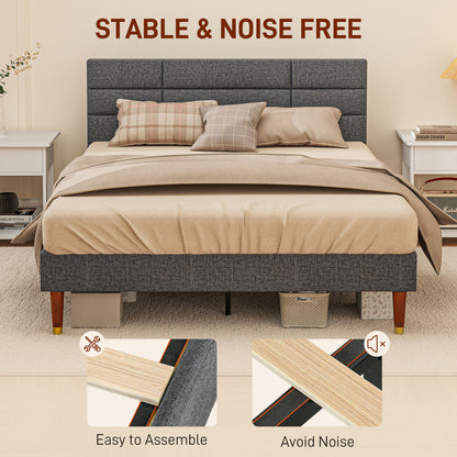 HOMCOM Upholstered Double Bed Frame, with Slats - Grey