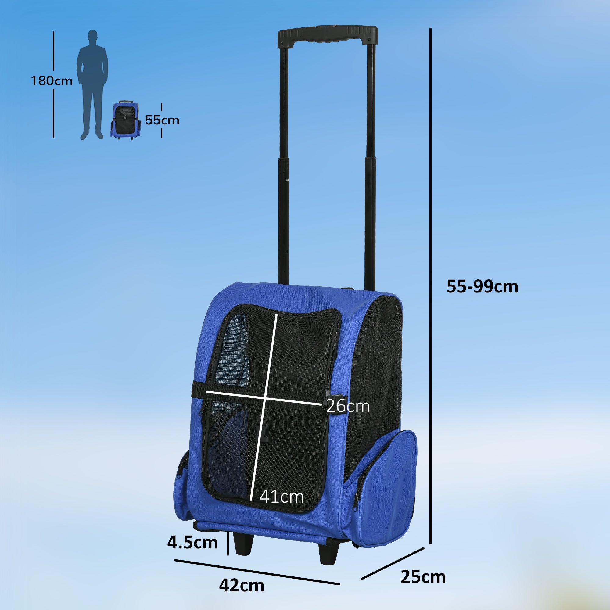 PawHut Pet Travel Backpack Bag Cat Puppy Dog Carrier w/ Trolley and Telescopic Handle Portable Stroller Wheel Luggage Bag (Blue) 