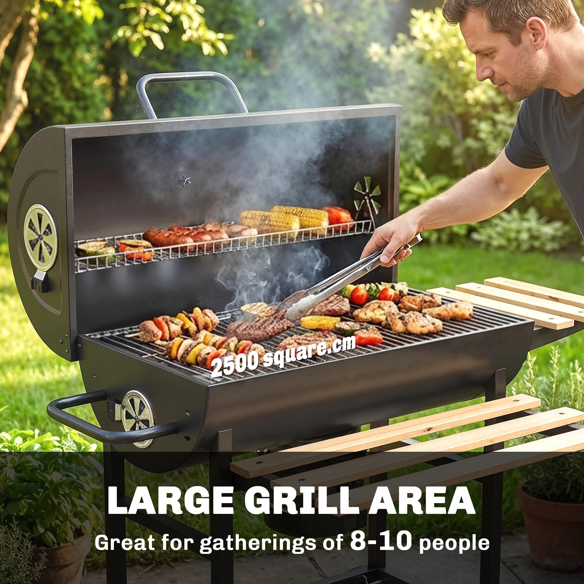 Outsunny Charcoal Grill, Barrel BBQ Smoker with Warming Rack, Charcoal BBQ Grill with Foldable Shelves, Natural Wood and Black 