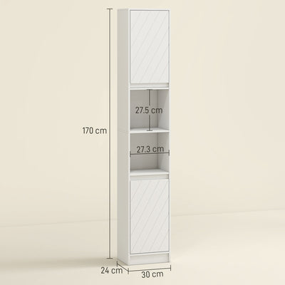HOMCOM Narrow Bathroom Cabinet, Slim Bathroom Storage Unit with Open Compartment, Freestanding Storage Cupboard with Adjustable Shelves for Small Spaces, 30 x 24 x 170 cm, White 