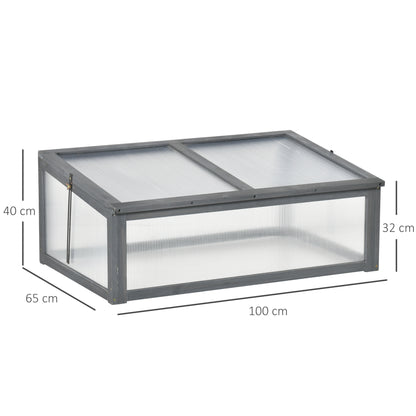 Outsunny Wooden Cold Frame, Small Polycarbonate Greenhouse for Plants with Openable & Tilted Top Cover, Grey, 100 x 65 x 40cm 