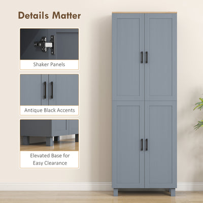 HOMCOM Freestanding Kitchen Cupboard, 4-Door Storage Cabinet with Adjustable Shelves, Modern Kitchen Pantry for Dining Room, 170cm, Grey Wood Effect 