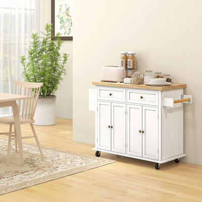 HOMCOM Rolling Kitchen Island Storage Trolley with Rubber Wood Top & Drawers for Dining Room, White 