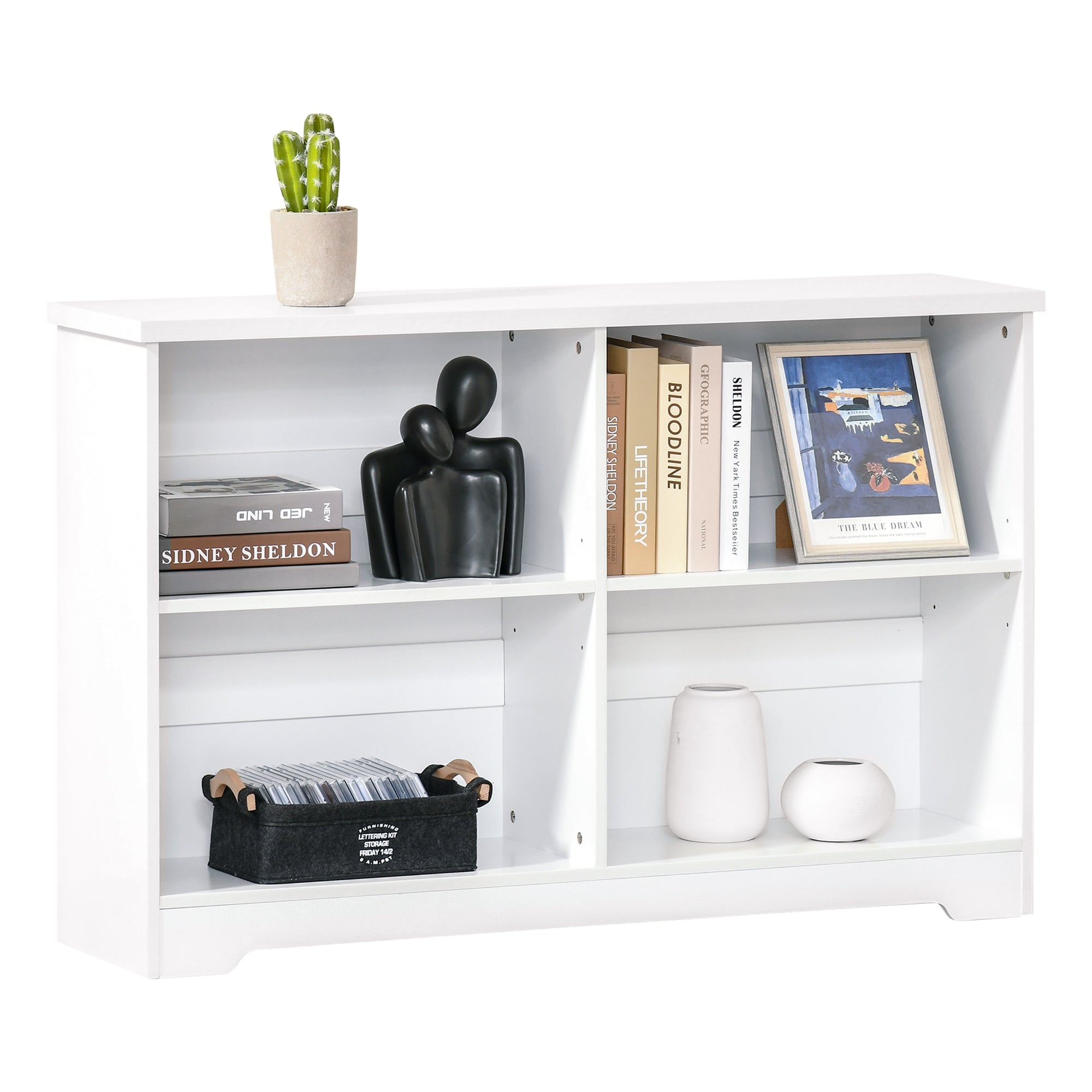 HOMCOM Wooden Cube Bookcase, 2 Tier Open Storage Shelving Unit with 4 Compartments, Freestanding Display Bookshelf for Home Office Living Room Furniture, 118 x 29 x 76cm, White 