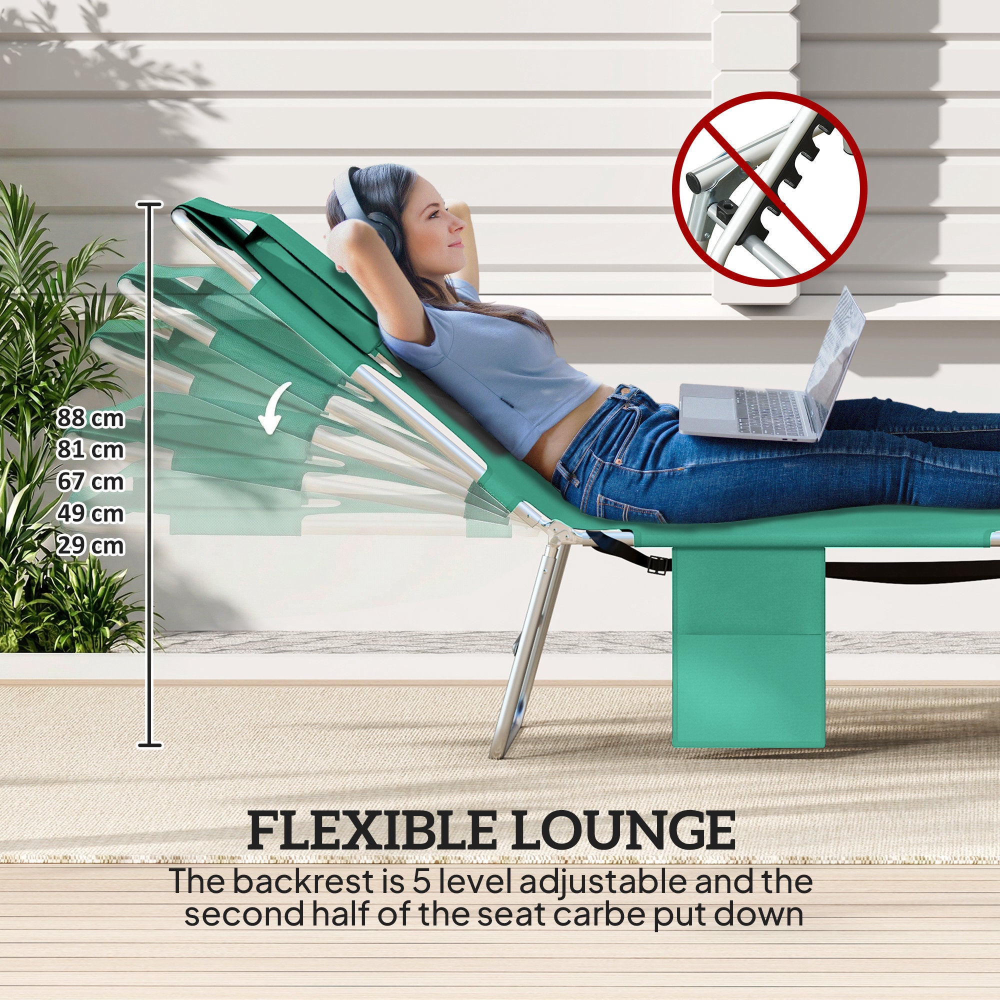 Outsunny 5-Position Adjustable Sun Loungers Set of 2 with Reading Hole and Side Pocket, Green 