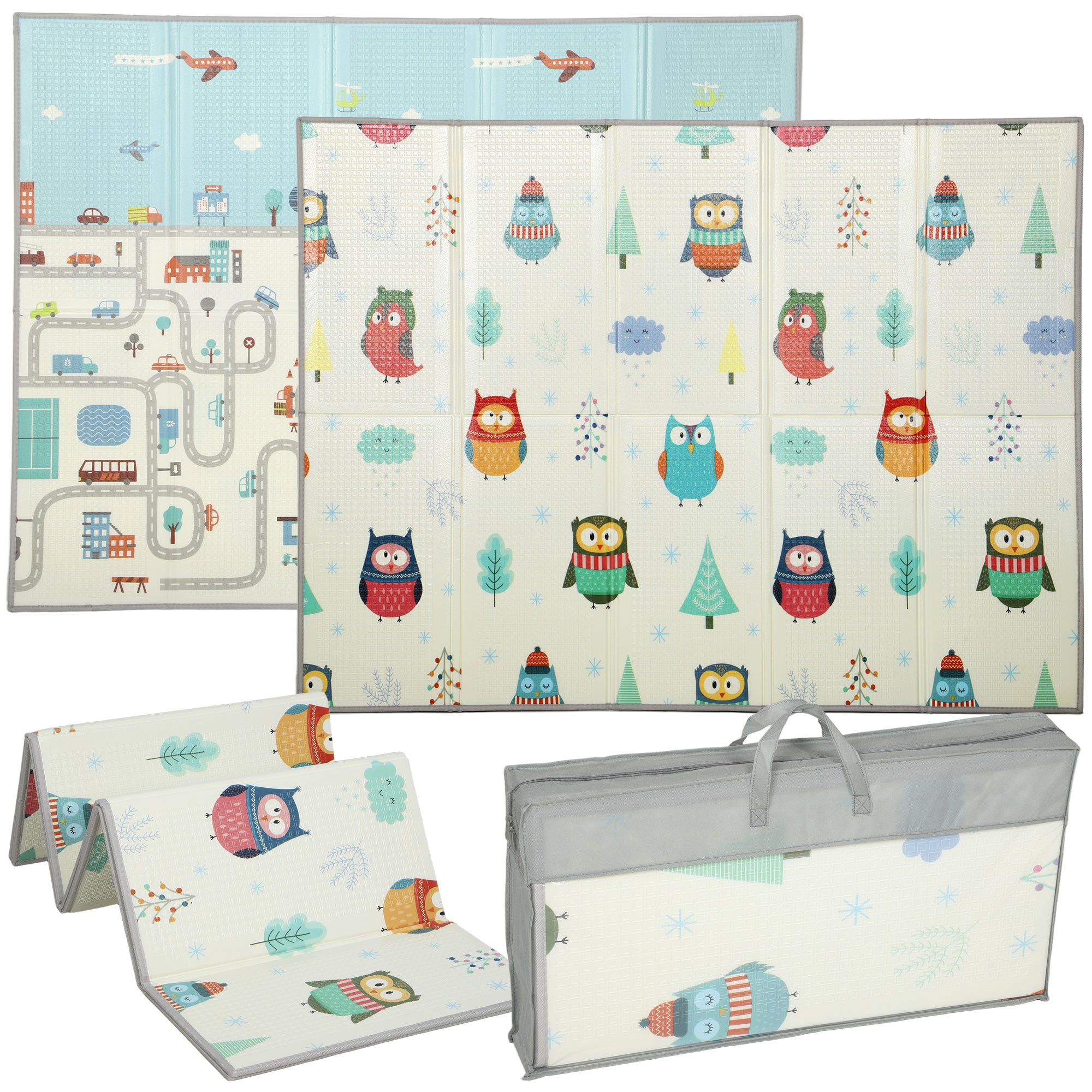 AIYAPLAY Foldable Baby Plat Mat Double Sided, Kids Floor Mat for Crawling, 200L x 150W cm, Car track and Owl Theme 
