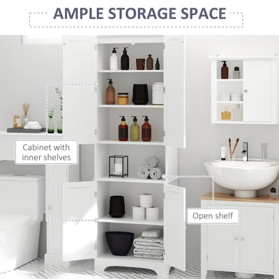 HOMCOM Tall Freestanding Bathroom Cabinet Retro Shutters w/ 3 Compartments Shelves Elevated Base Narrow Organiser White 60L x 30W x 182.5H cm 