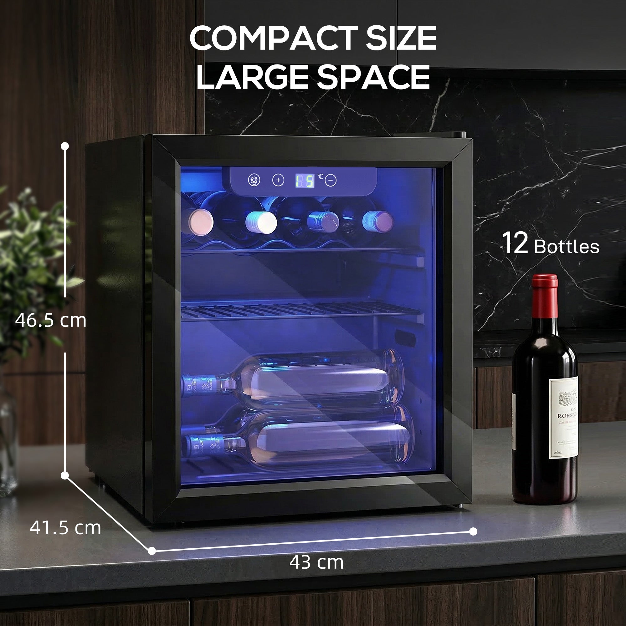 HOMCOM 12 Bottle Wine Cooler, 36 Litre Capacity, 4-16°C Under Counter Drinks Beer Wine Fridge with Glass Door, LED Light, Black 
