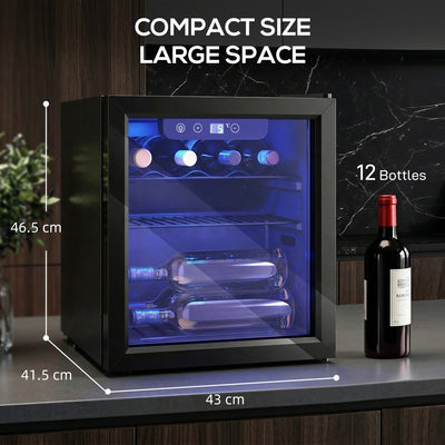 HOMCOM 12 Bottle Wine Cooler, 36 Litre Capacity, 4-16°C Under Counter Drinks Beer Wine Fridge with Glass Door, LED Light, Black 
