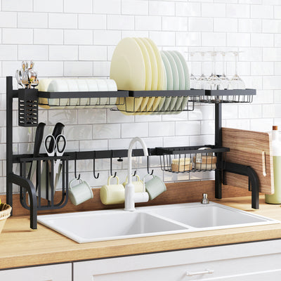 HOMCOM Space Saving 2 Tier Adjustable Dish Drainer Over The Sink Dish Drying Rack, Black 