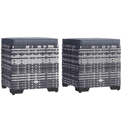 Outsunny Set of 2 Rattan Storage Ottoman, Outdoor Footstool with Removable Cushions, Garden Storage Seat for Balcony, Poolside, Living Room, Dark Grey 