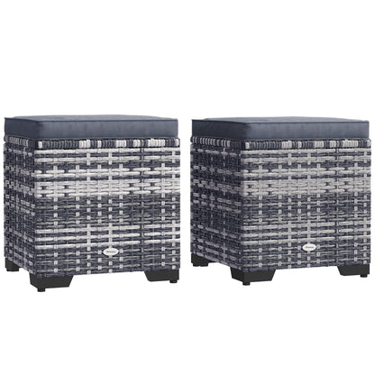 Outsunny Set of 2 Rattan Storage Ottoman, Outdoor Footstool with Removable Cushions, Garden Storage Seat for Balcony, Poolside, Living Room, Dark Grey 