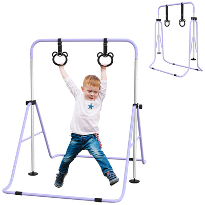 HOMCOM Adjustable Height, Foldable Kids Gymnastics Bar w/ Non-slip Rubber Floor Rings, for 3+ Years, Purple 