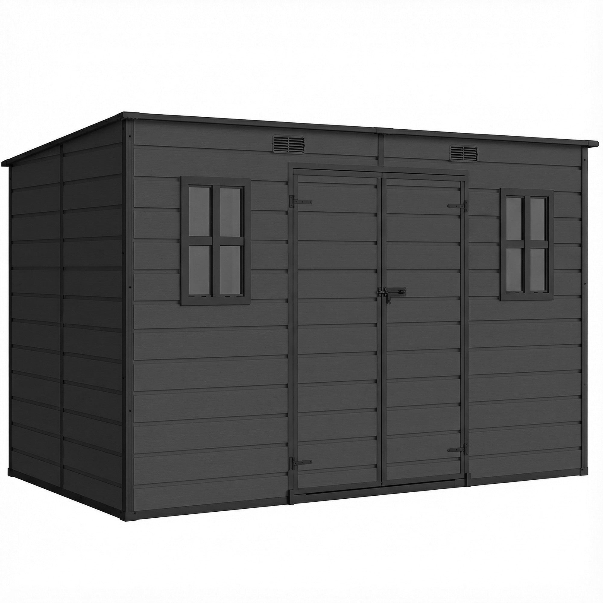 Outsunny 10 x 6 ft Resin Garden Shed, Outdoor Storage Shed with Floor, Windows, Lockable Doors and Vents, Dark Grey 