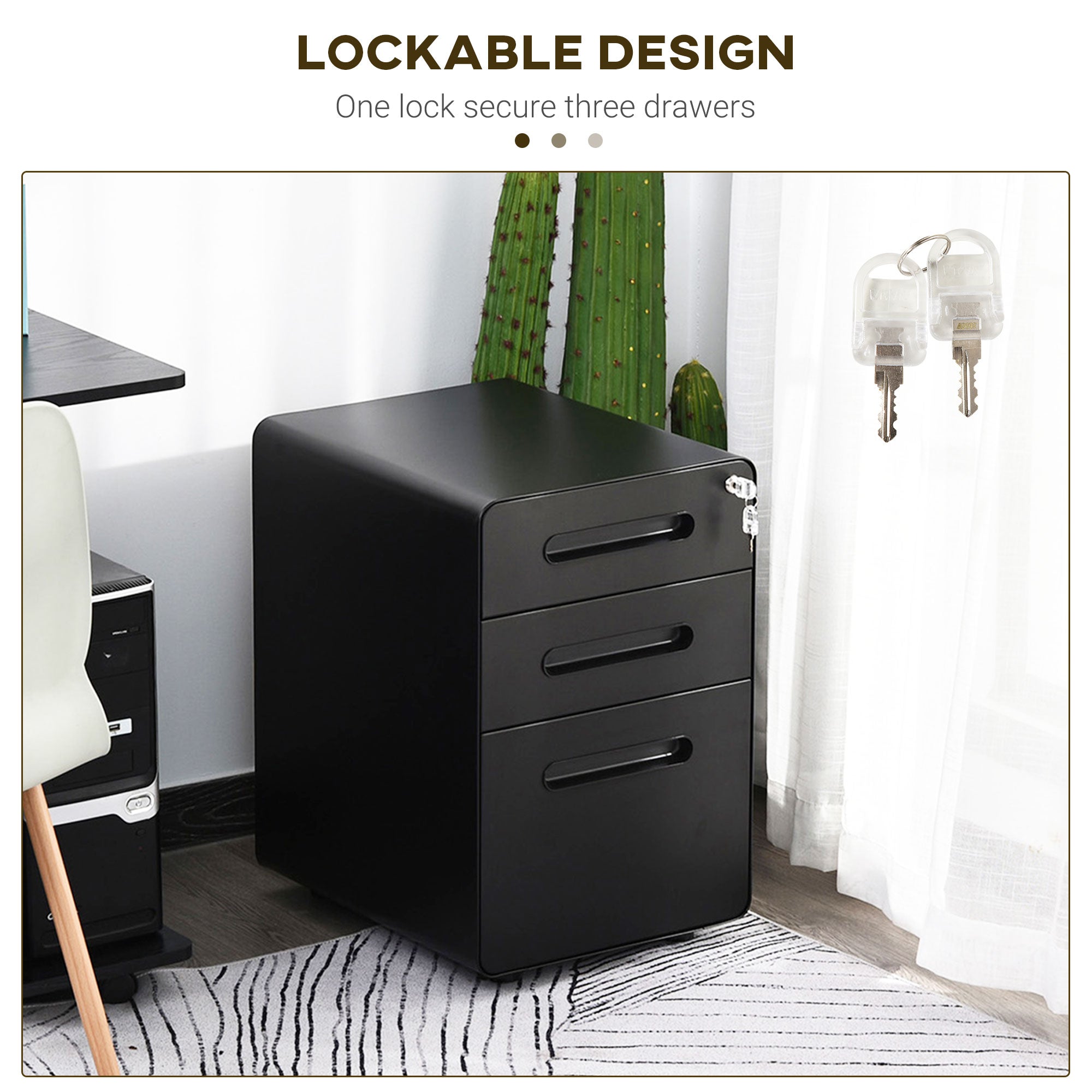 Vinsetto Lockable File Cabinet with 3 Drawers, Vertical Office Drawer for A4, Letter, Legal Size, Anti-tilt Design, Pre-Assembled Body, Black 