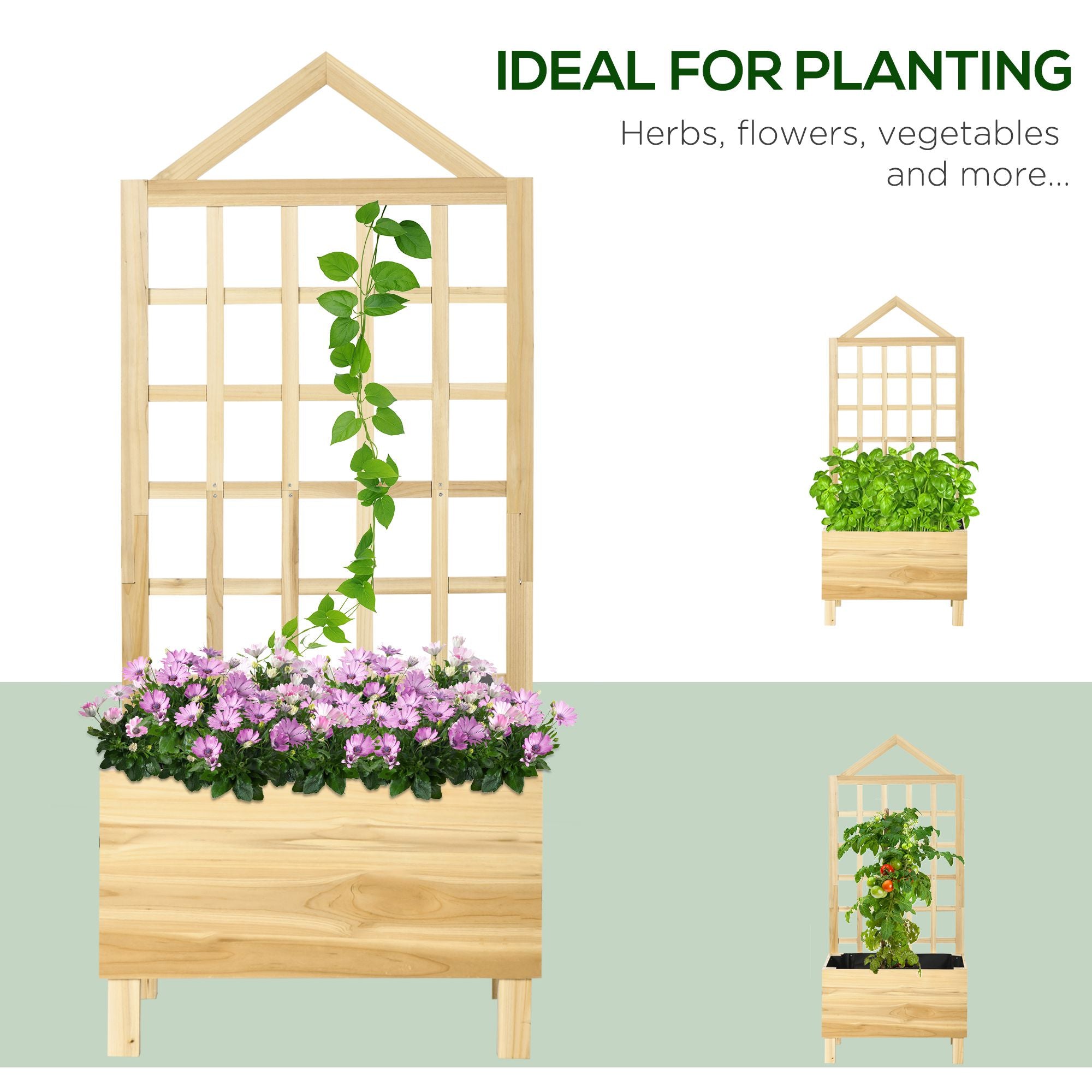 Outsunny Garden Planters with Trellis for Vine Climbing, Distressed Wooden Raised Beds, 90x43x150cm, Natural Tone 