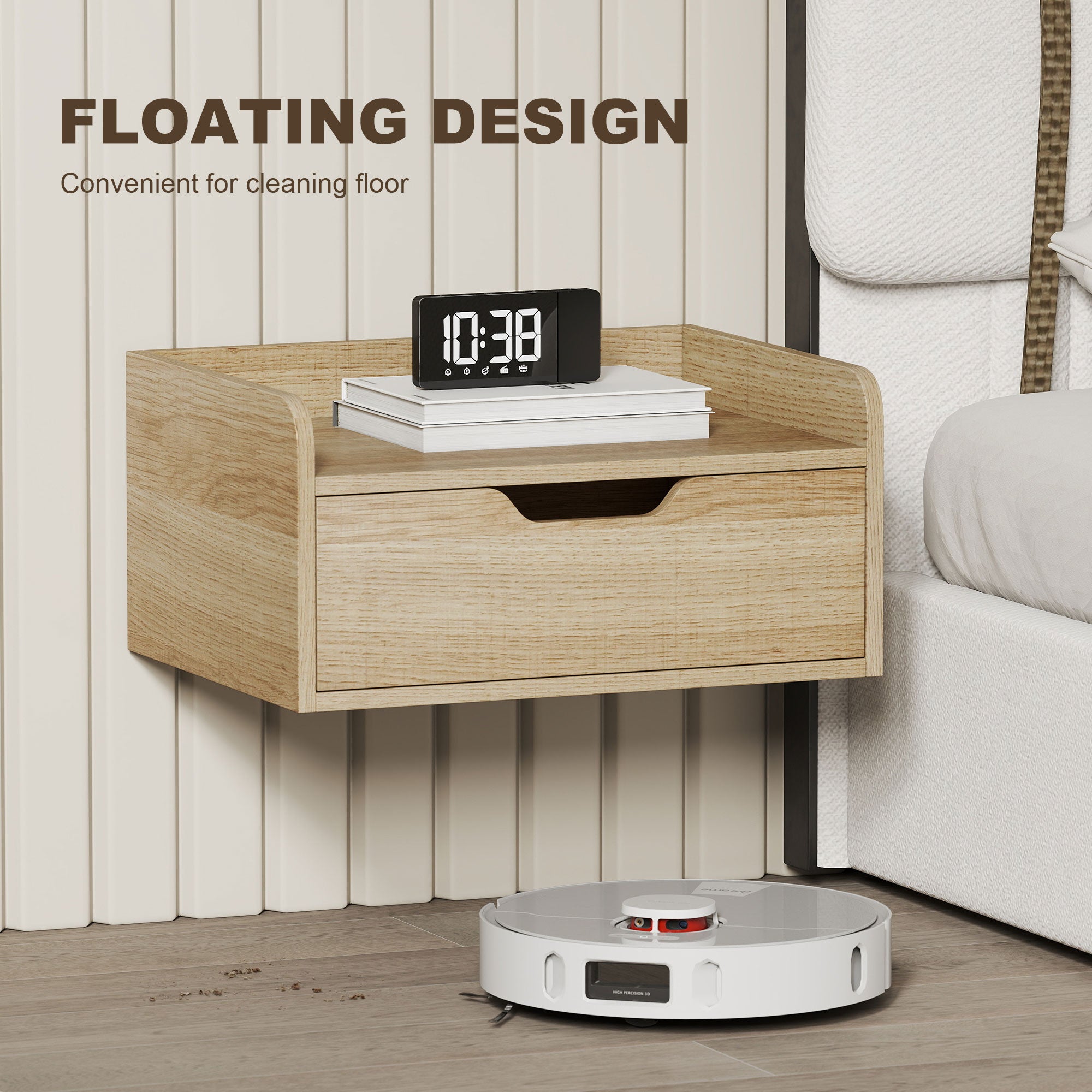 HOMCOM Floating Nightstands Set of 2, Wall Mounted Bedside Table with Drawer for Bedroom, Natural Wood 