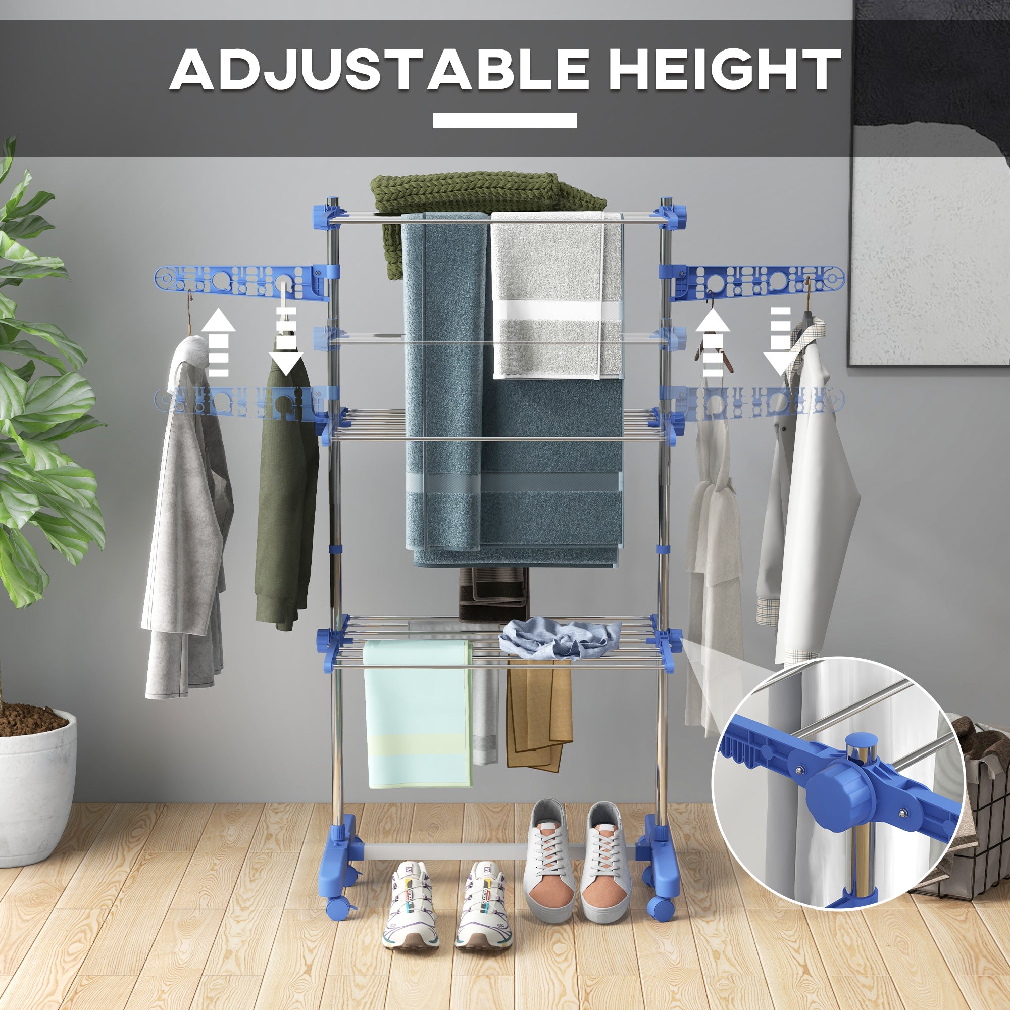HOMCOM Three-Shelf Collapsing Clothes Horse, With Side Arms and Wheels - Blue 
