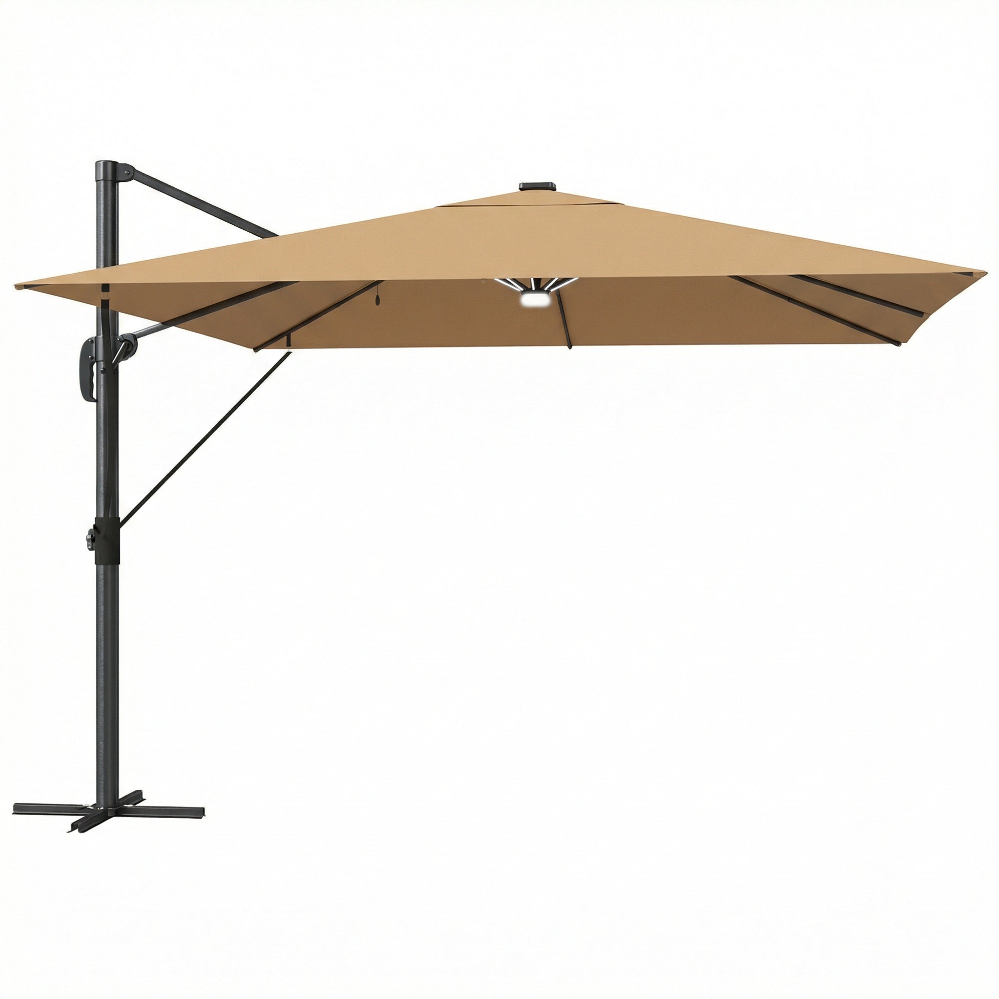 Outsunny 3 x 3 m Garden Cantilever Parasol with Light, Cover, Overhanging Umbrella w/ Wind Protection, 360° Rotation, Khaki 