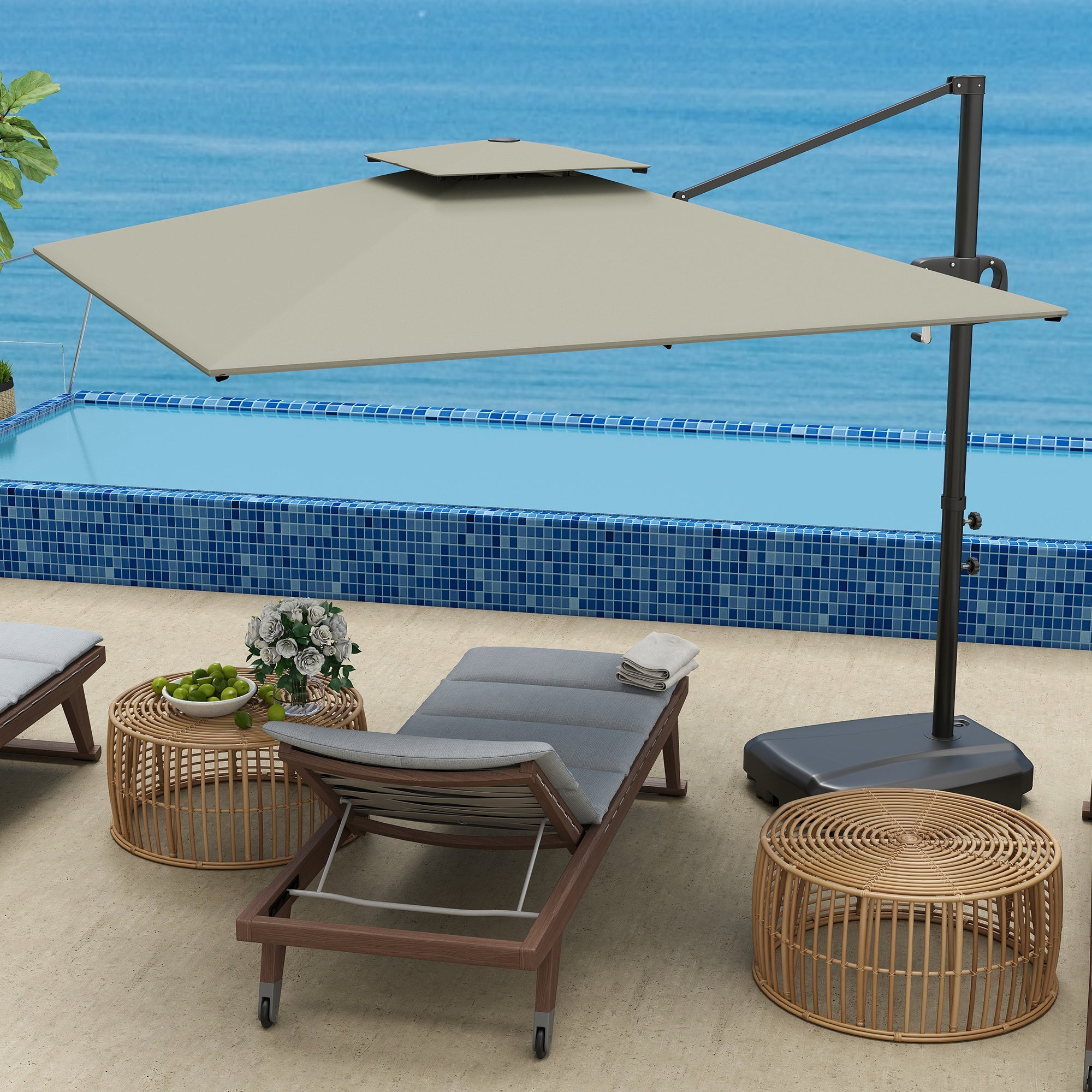Outsunny Cantilever Parasol with Weighted Base Double Top Garden Parasol Square Hanging Patio Umbrella with Crank Tilt Light Grey 