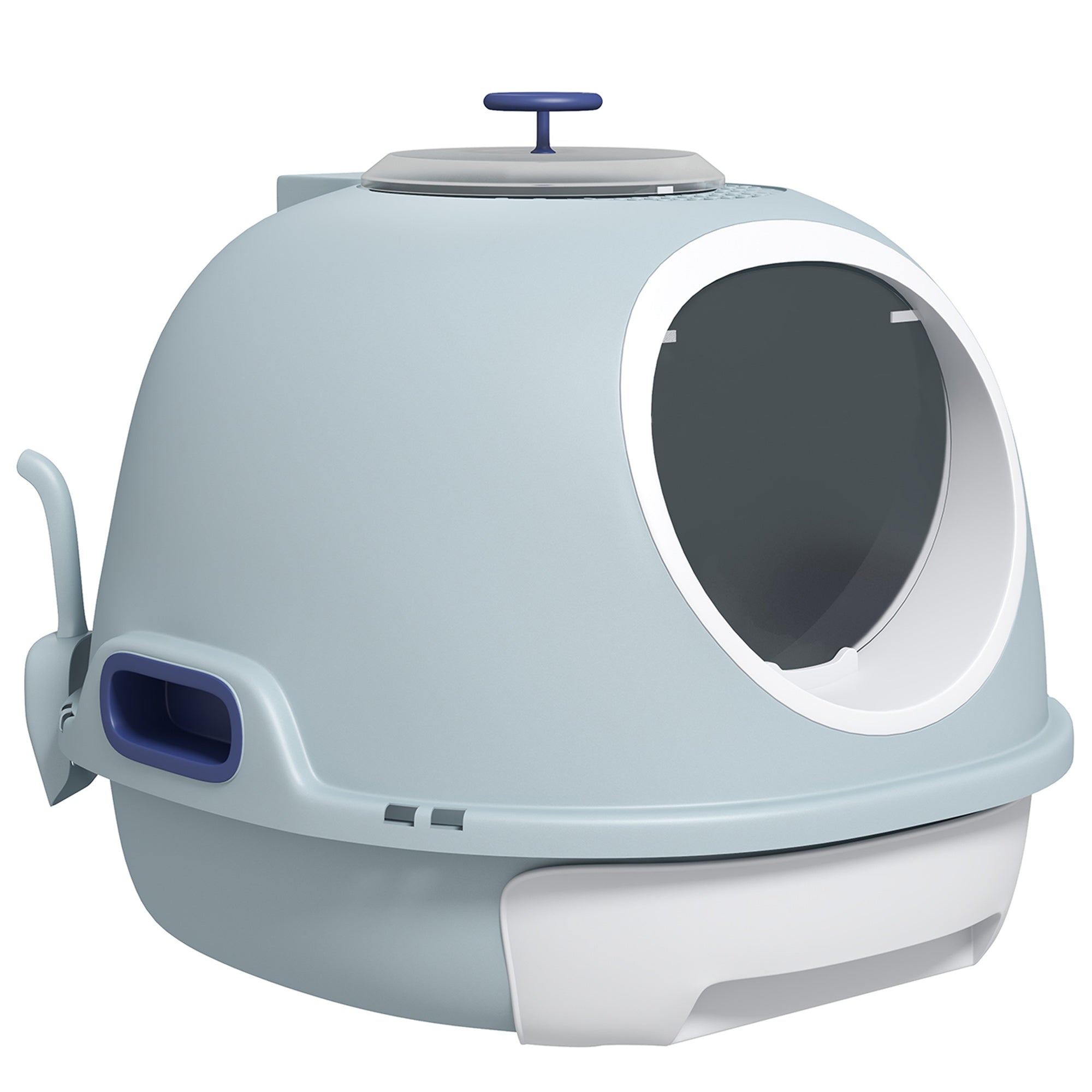 PawHut Cat Litter Box Toilet with Litter Scoop Enclosed Drawer, Front Entry Top Exit, Easy To Clean Blue 