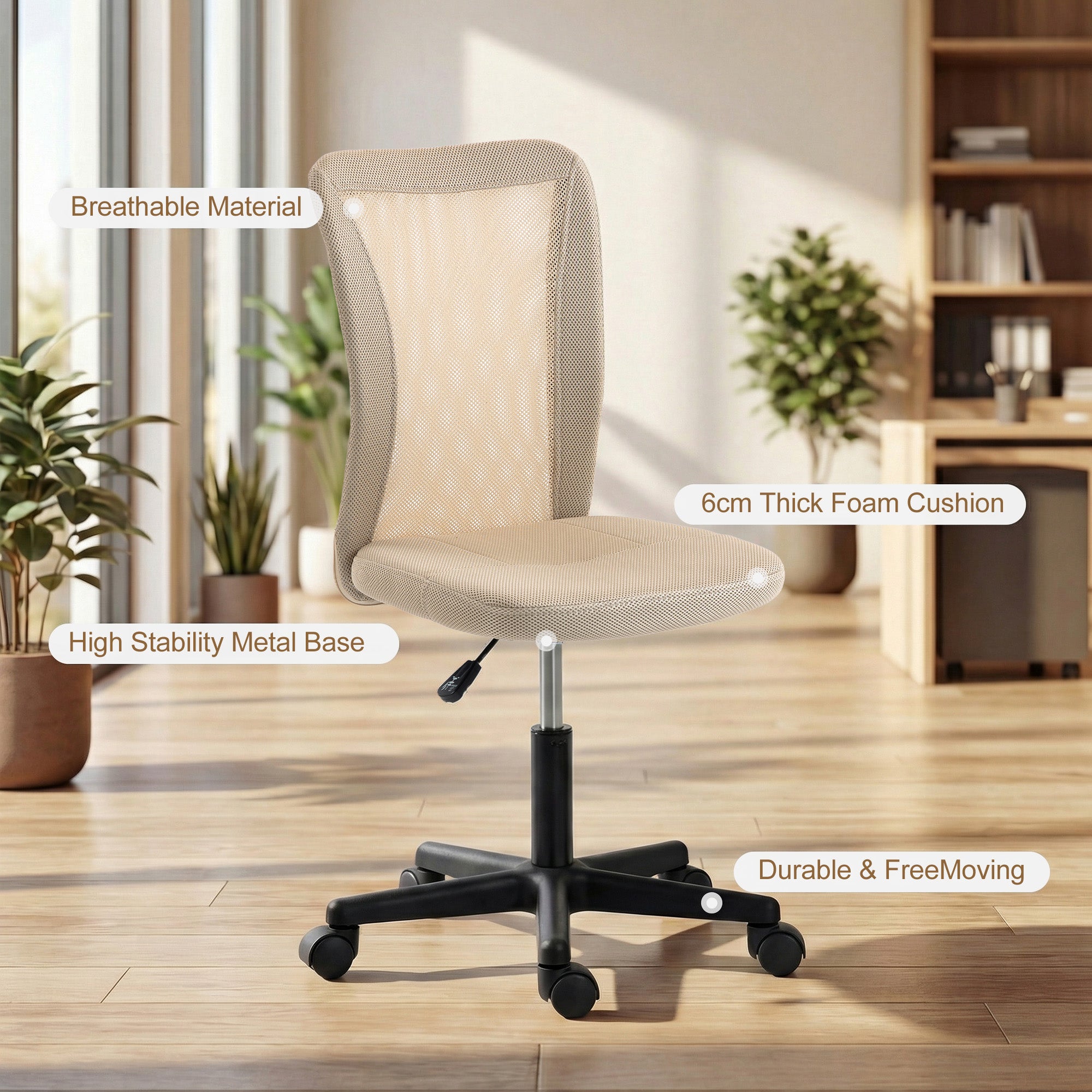 Vinsetto Computer Desk Chair, Mesh Office Chair with Adjustable Height and Swivel Wheels, Armless Study Chair, Beige 