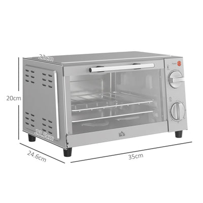 HOMCOM Mini Oven, 9L Countertop Electric Grill, Toaster Oven with Adjustable Temperature, Timer, Dishwasher Safe Baking Tray and Wire Rack, 750W, Silver 