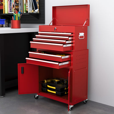 HOMCOM Portable Tool Box, Metal Tool Chest on Wheels with 6 Drawers for Garage and Workshop, Red 