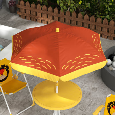 Outsunny Kids Picnic Table and Chair Set, Lion Themed Outdoor Garden Furniture w/ Foldable Chairs, Adjustable Parasol - Yellow 