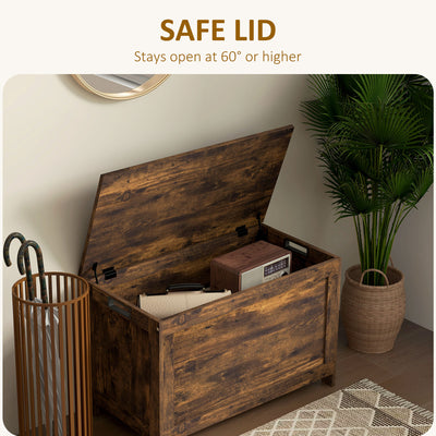 HOMCOM Storage Chest, Modern Storage Trunk with 2 Safety Hinges and Cut-out Handles, Wooden Toy Box for Living Room, Entryway, 76 x 40 x 48 cm, Rustic Brown 