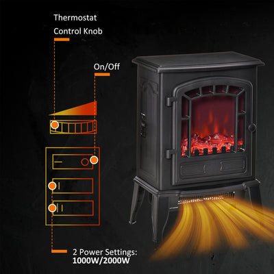 HOMCOM Free standing Electric Fireplace Stove, Fireplace Heater with Realistic Flame Effect, Overheat Safety Protection, 1000W/2000W, Black 