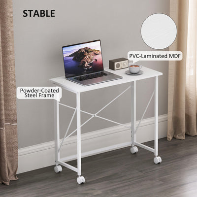HOMCOM 80 cm Folding Desk on Wheels - White 