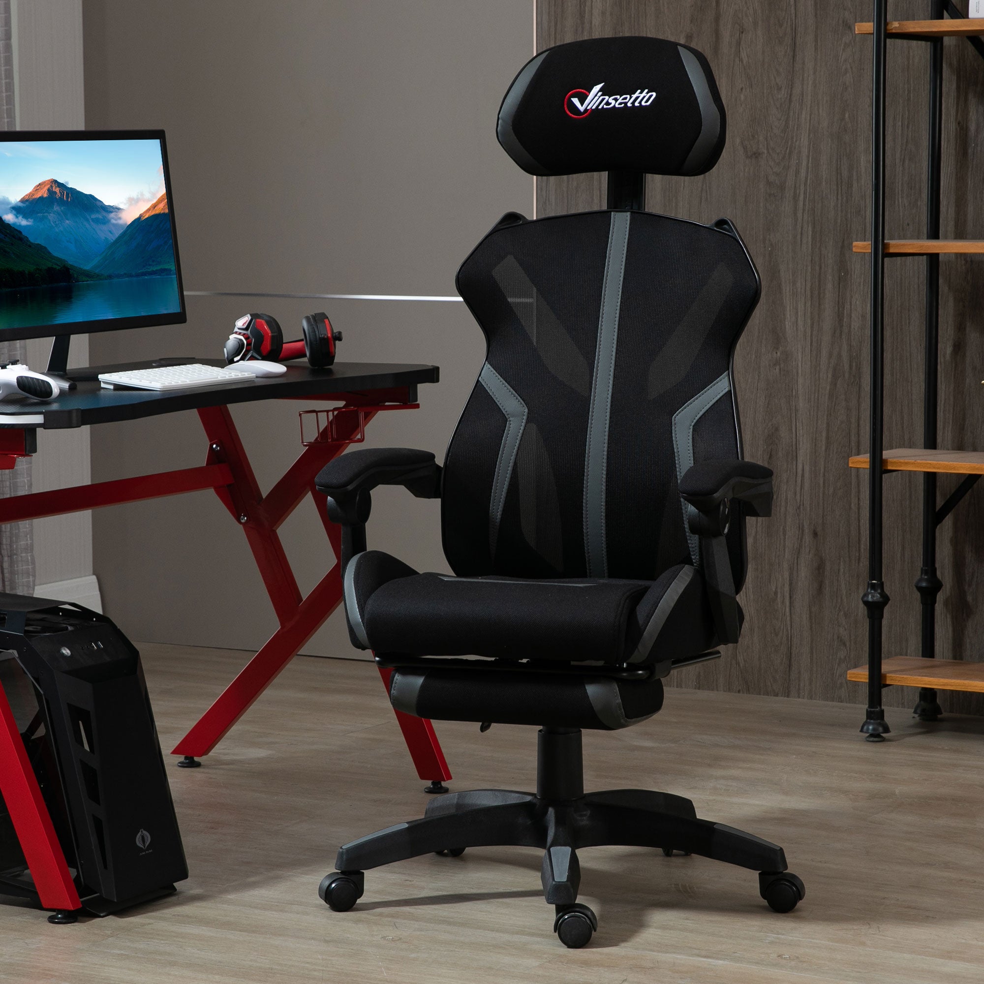 Vinsetto Mesh Office Chair Desk Task Computer Recliner with Footrest, Lumbar Back Support, Swivel Wheels, Adjustable Height for Home, Black Grey 