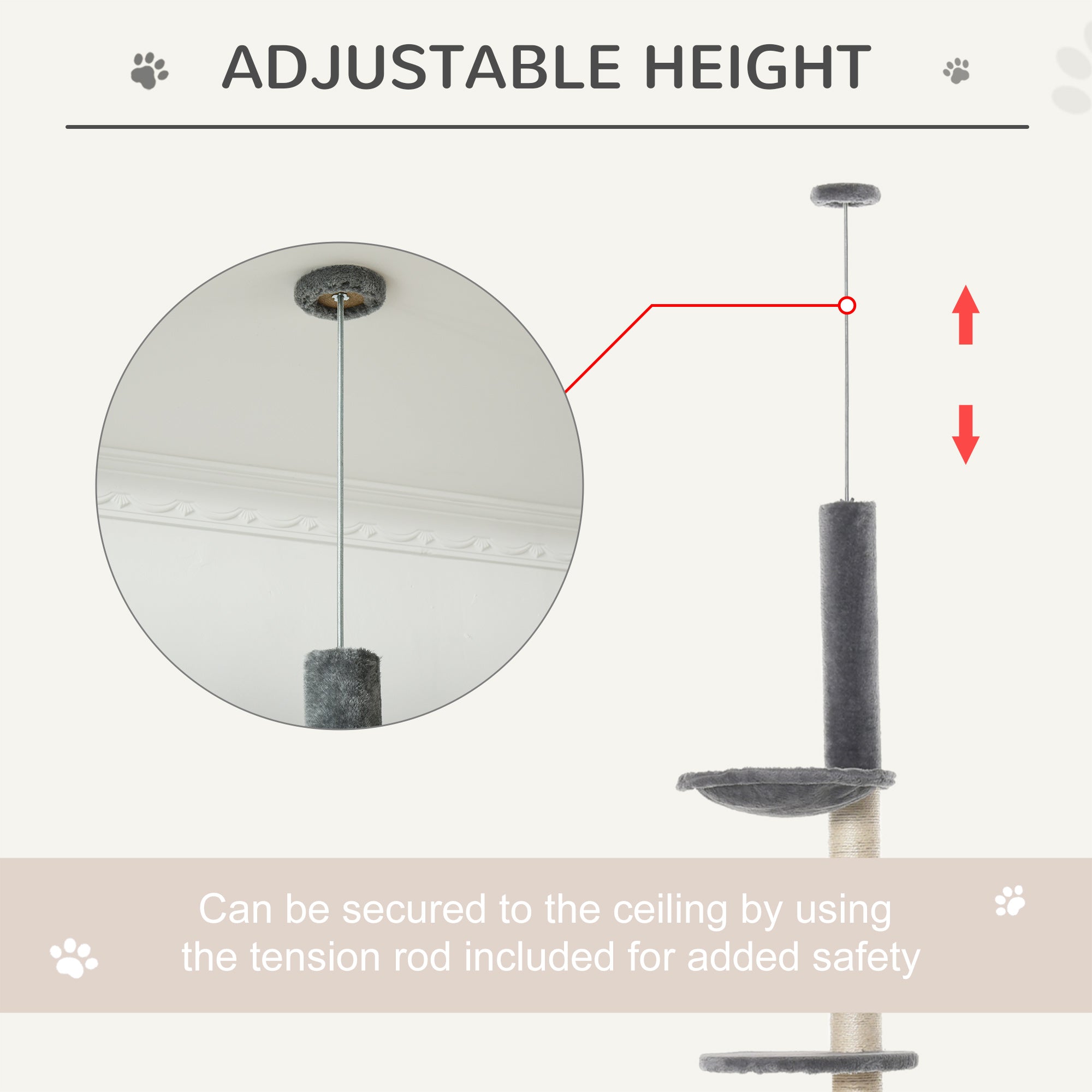 PawHut 270cm Floor To Ceiling Cat Tree Cat House Scratching Post for Indoor Cats Hammock Hanging Ball Activity Center Grey 