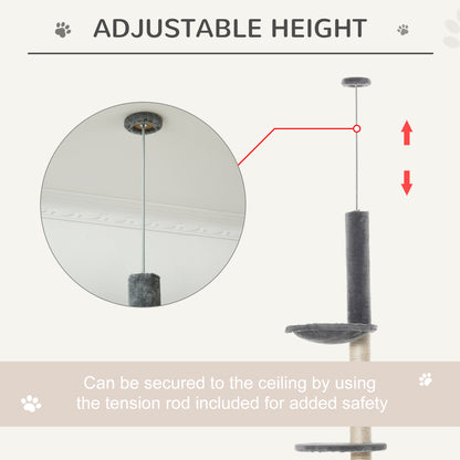 PawHut 270cm Floor To Ceiling Cat Tree Cat House Scratching Post for Indoor Cats Hammock Hanging Ball Activity Center Grey 