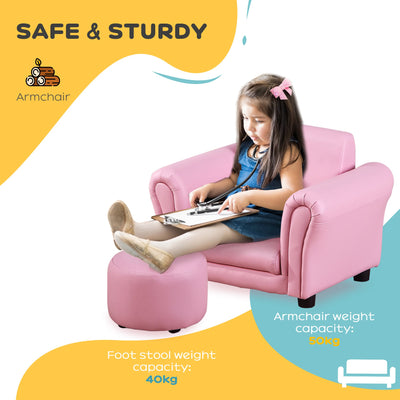 HOMCOM Toddler Chair Single Seater Kids Sofa Set, 54 x 42 x 41cm, Kids Sofa with Stool, Pink 