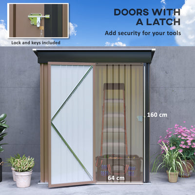 Outsunny Metal Garden Shed, Outdoor Lean-to Shed for Tool Motor Bike, with Adjustable Shelf, Lock, Gloves, 5'x3'x6', Brown 