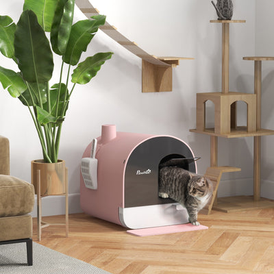PawHut Hooded Cat Litter Box, Kitten Litter Tray, with Lid, Scoop, Filter, Flap Door, Pink 