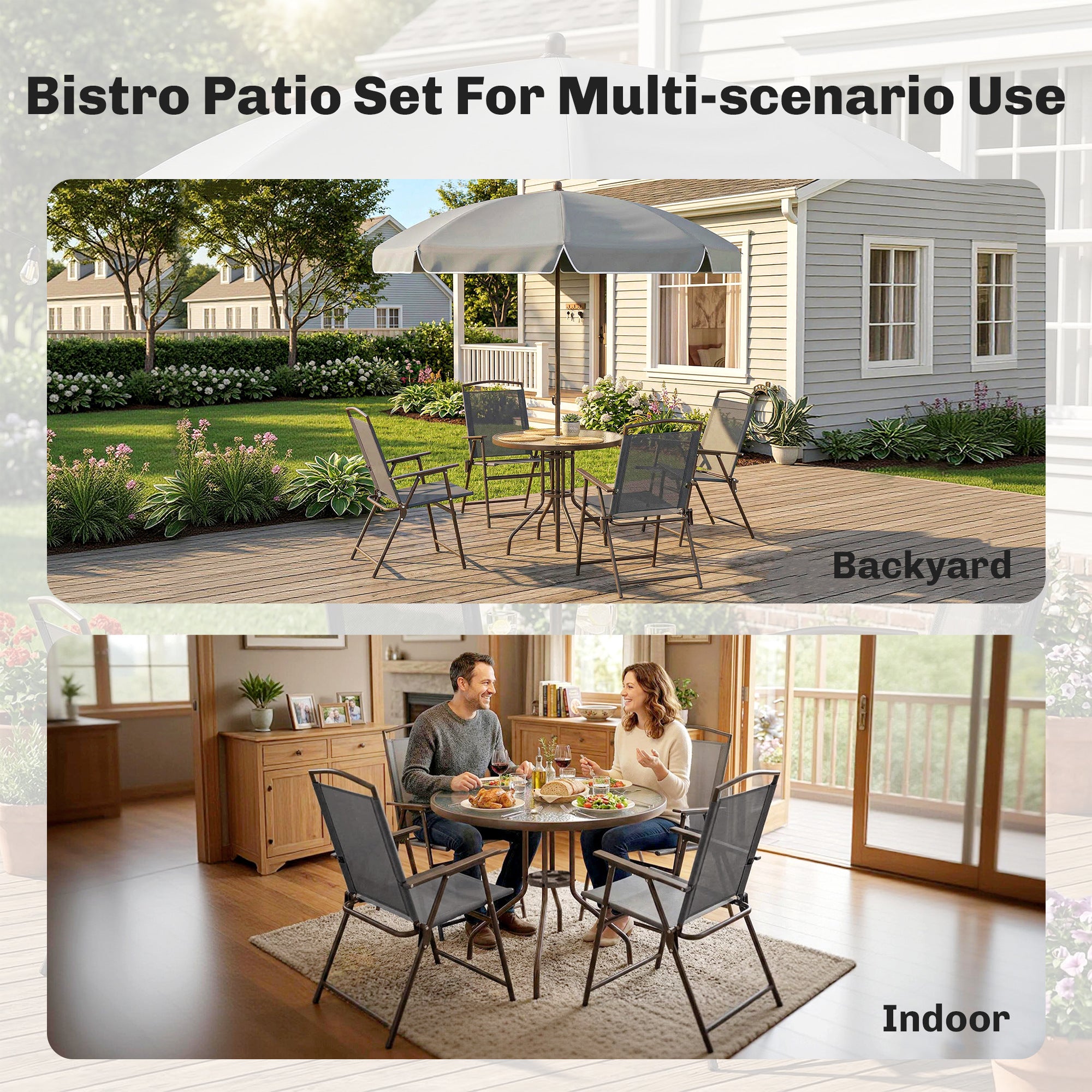 Outsunny 6 Piece Garden Dining Set with Umbrella, Patio Sets with Parasol, 4 Folding Dining Chairs, Dark Grey 