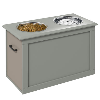 PawHut Raised Dog Bowls, with Storage, Two Stainless Steel Bowls, Elevated Base - Grey 