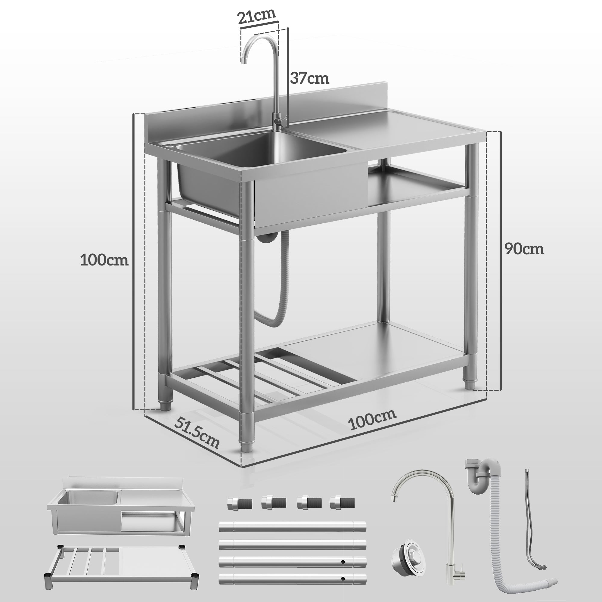HOMCOM Outdoor Stainless Steel Kitchen Sink, Freestanding Sink Single Bowl with Cold and Hot Water Pipe and Storage Shelves 