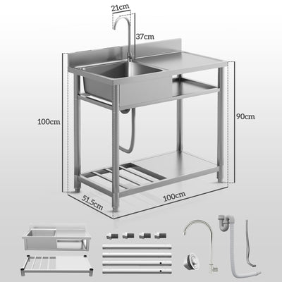 HOMCOM Outdoor Stainless Steel Kitchen Sink, Freestanding Sink Single Bowl with Cold and Hot Water Pipe and Storage Shelves 
