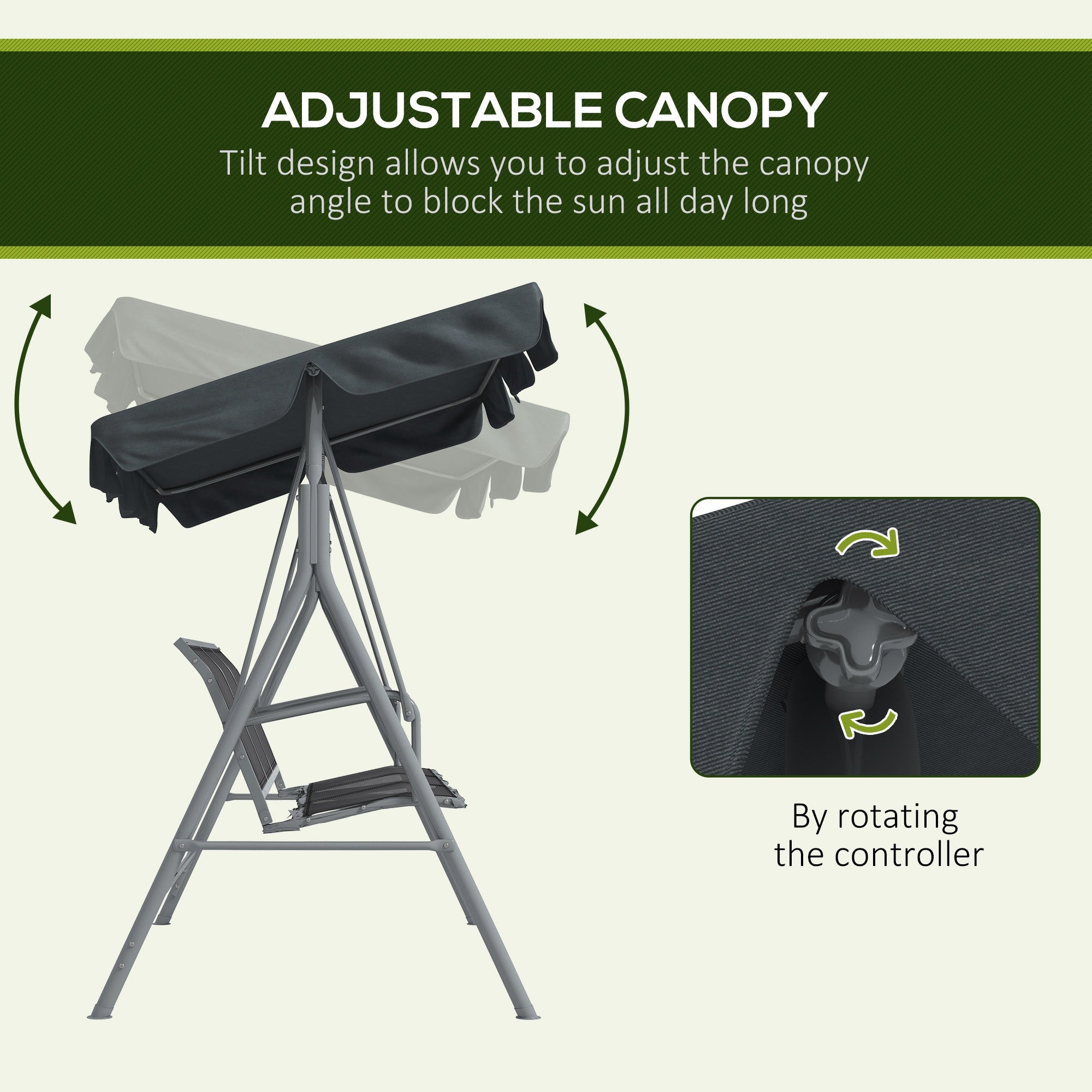 Outsunny 3 Seater Swing Chair, Garden Swing Bench with Adjustable Tilting Canopy, Breathable Mesh Seat and Heavy Duty Metal Frame for Patio, Garden, Dark Grey 
