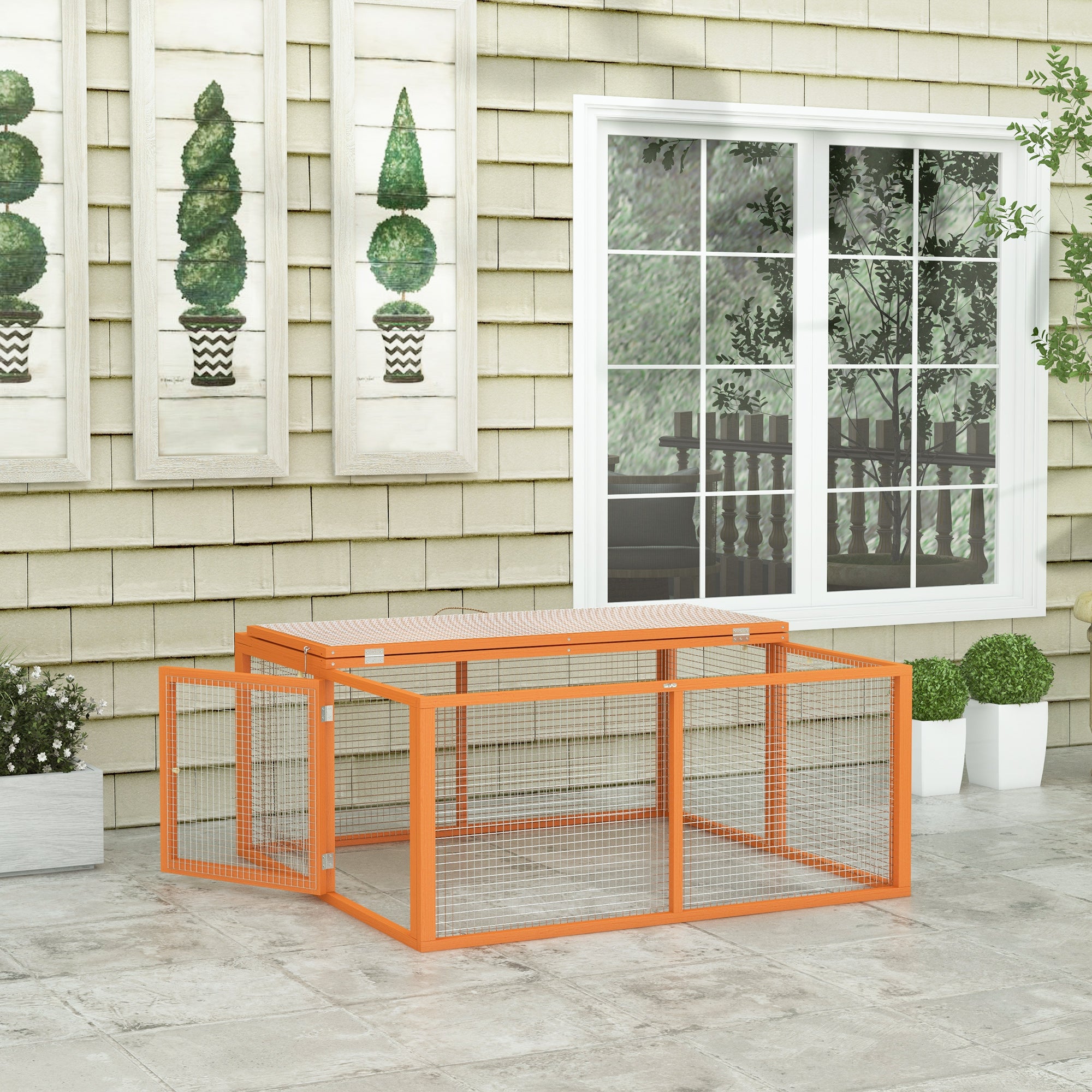 PawHut Wooden Folding Rabbit Hutch, for 2-3 Rabbits - Orange 