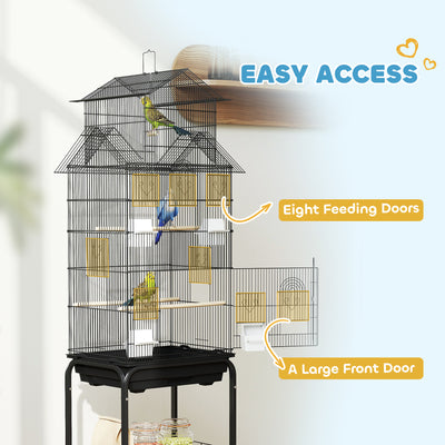 PawHut Metal Bird Cage with Plastic Swing, Perch, Food Container, Tray, Handle, for Finches, Canaries, Budgies, 43 x 32.5 x 163 