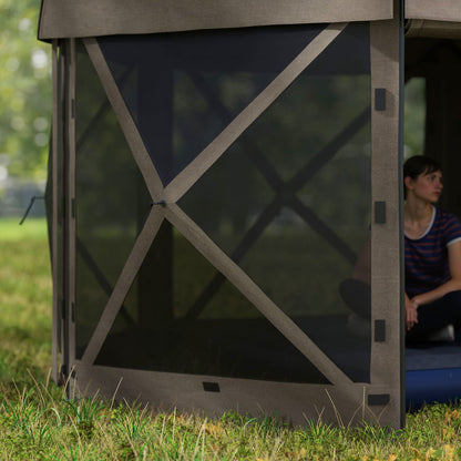 Outsunny 3 x 3(m) Hexagon Pop Up Gazebo with 5 Sides and Carry Bag, Waterproof, UV Resistant Party Tent Instant Event Shelter with Netting for Garden, Patio, Brown